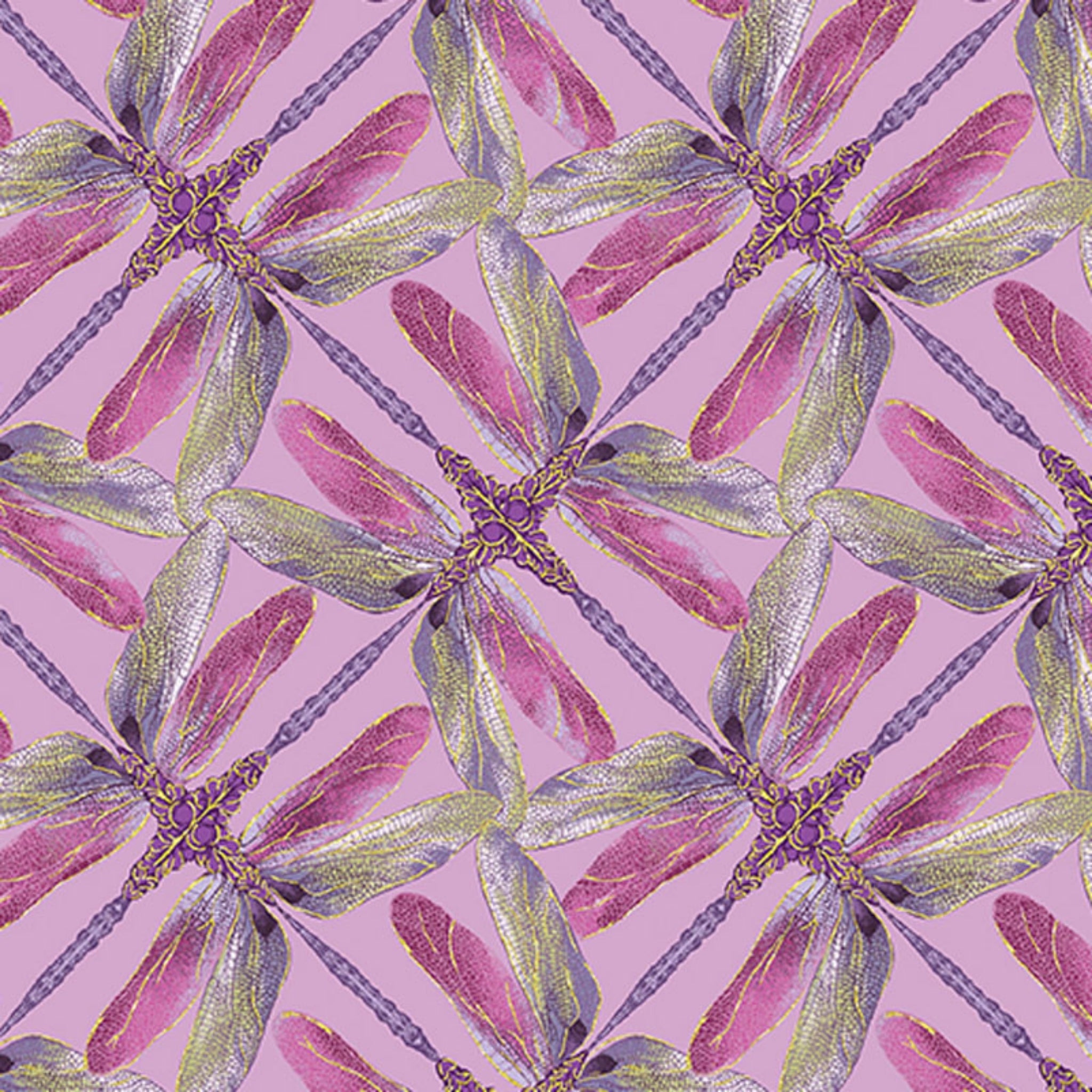Lilac and pink geometric fabric with a dragonfly pinwheel design