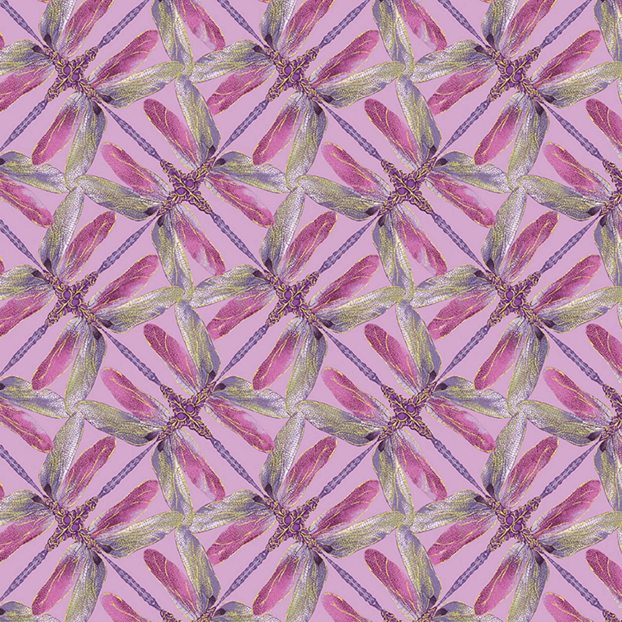 Lilac and pink geometric fabric with a dragonfly pinwheel design