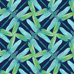 Navy, aqua, and green geometric fabric with a dragonfly pinwheel design
