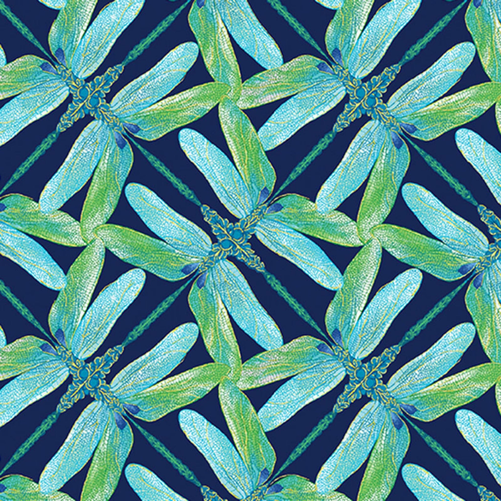 Navy, aqua, and green geometric fabric with a dragonfly pinwheel design
