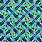 Navy, aqua, and green geometric fabric with a dragonfly pinwheel design