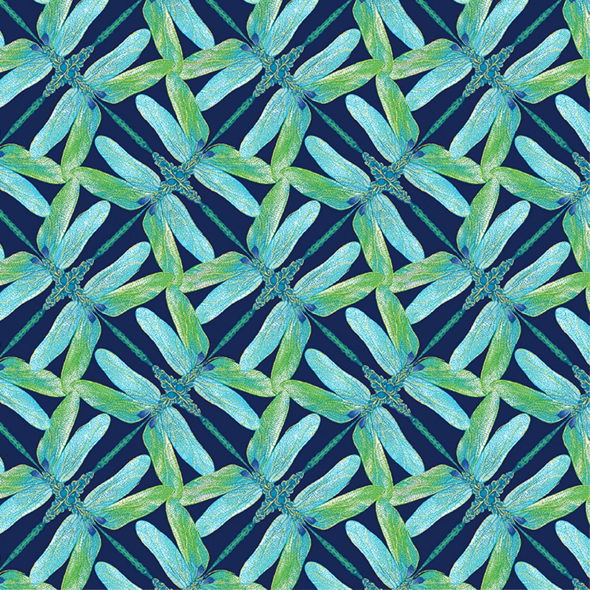 Navy, aqua, and green geometric fabric with a dragonfly pinwheel design