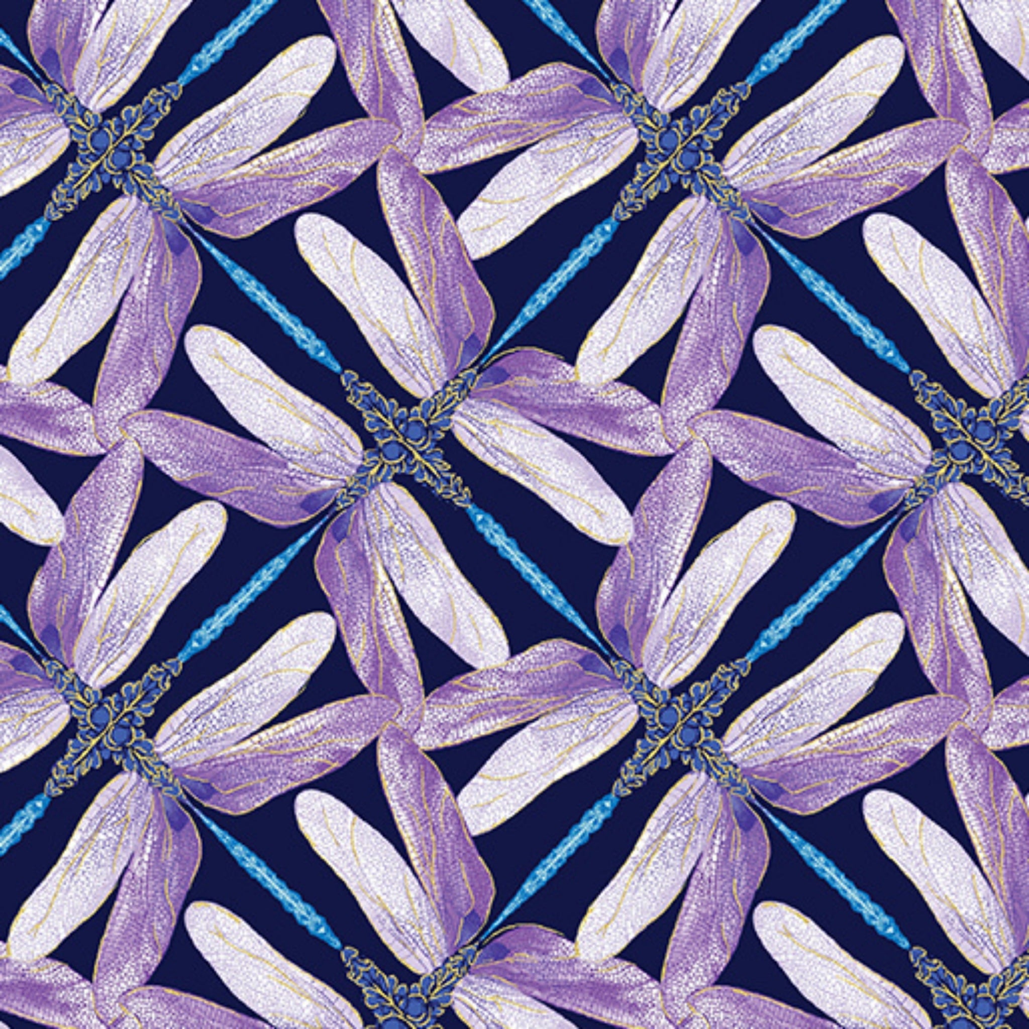 Navy, violet, and blue geometric fabric with a dragonfly pinwheel design