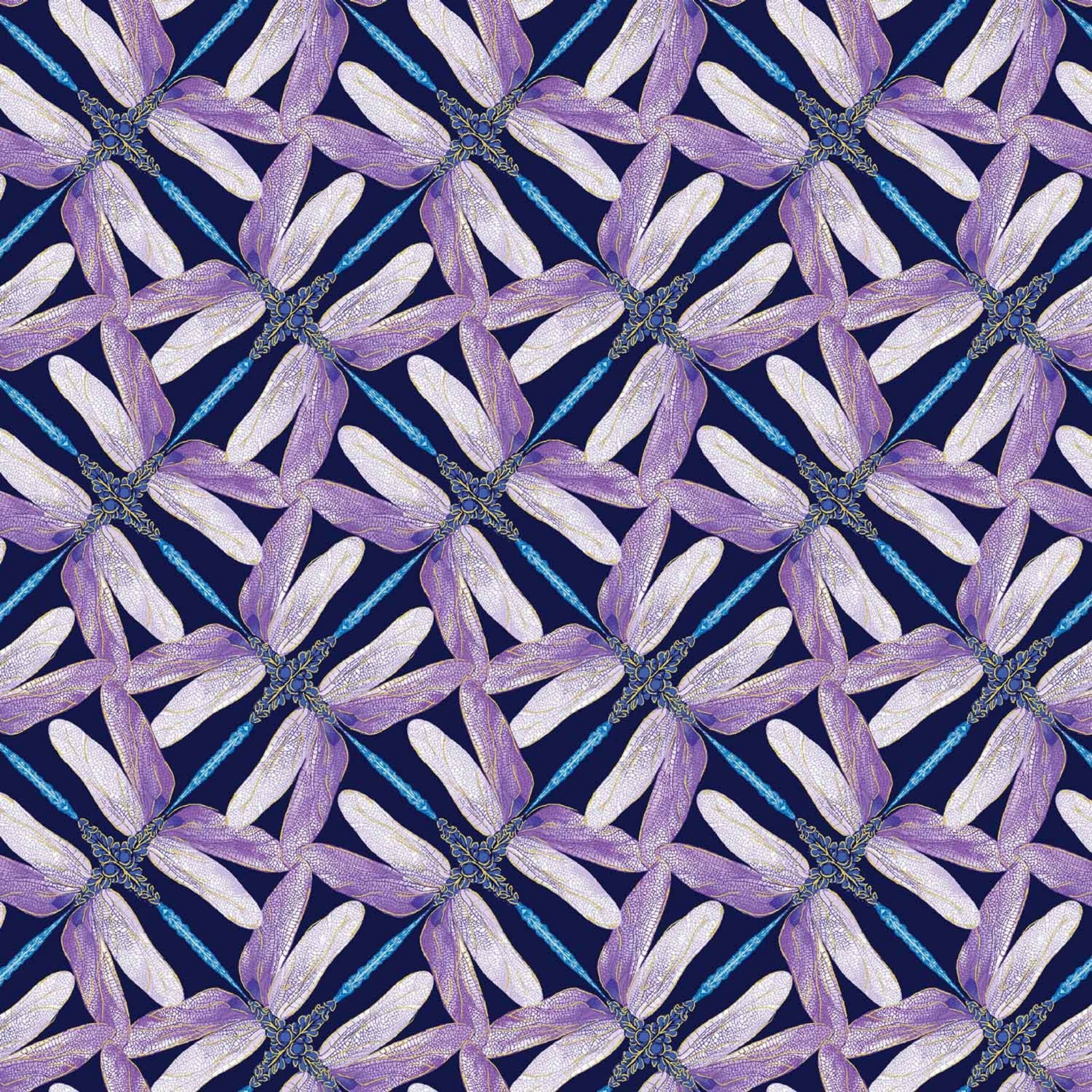 Navy, violet, and blue geometric fabric with a dragonfly pinwheel design