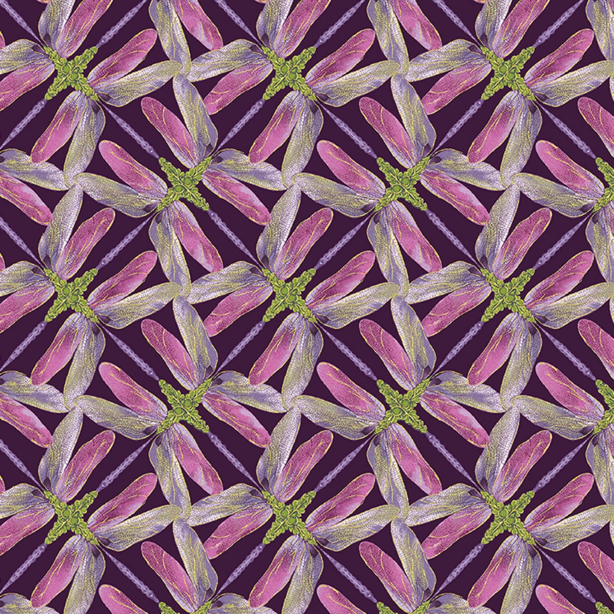 Plum purple, pink, and lime green geometric fabric with a dragonfly pinwheel design