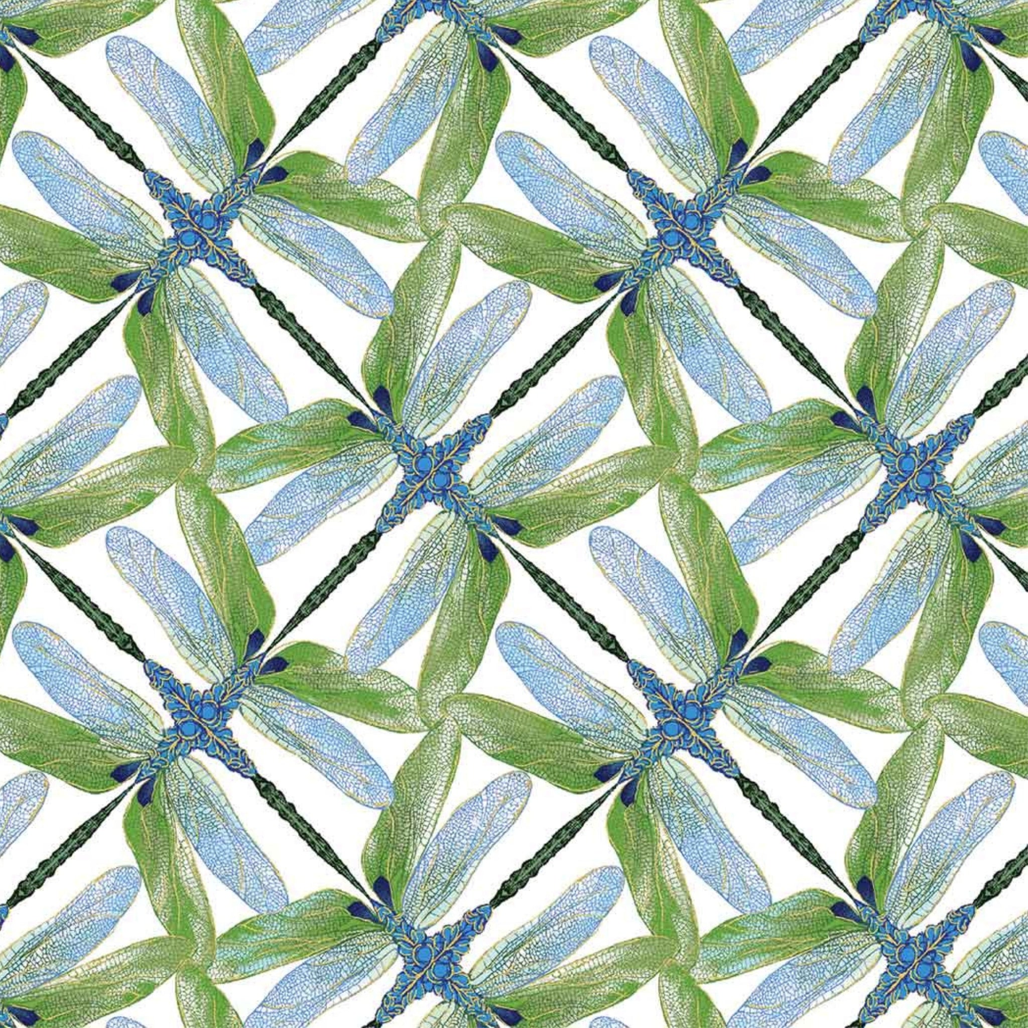 White, green, and blue geometric fabric with a dragonfly pinwheel design