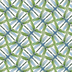 White, green, and blue geometric fabric with a dragonfly pinwheel design