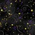 Black quilting fabric with purple swirls and gold metallic stars