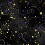 Black quilting fabric with purple swirls and gold metallic stars