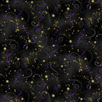 Black quilting fabric with purple swirls and gold metallic stars