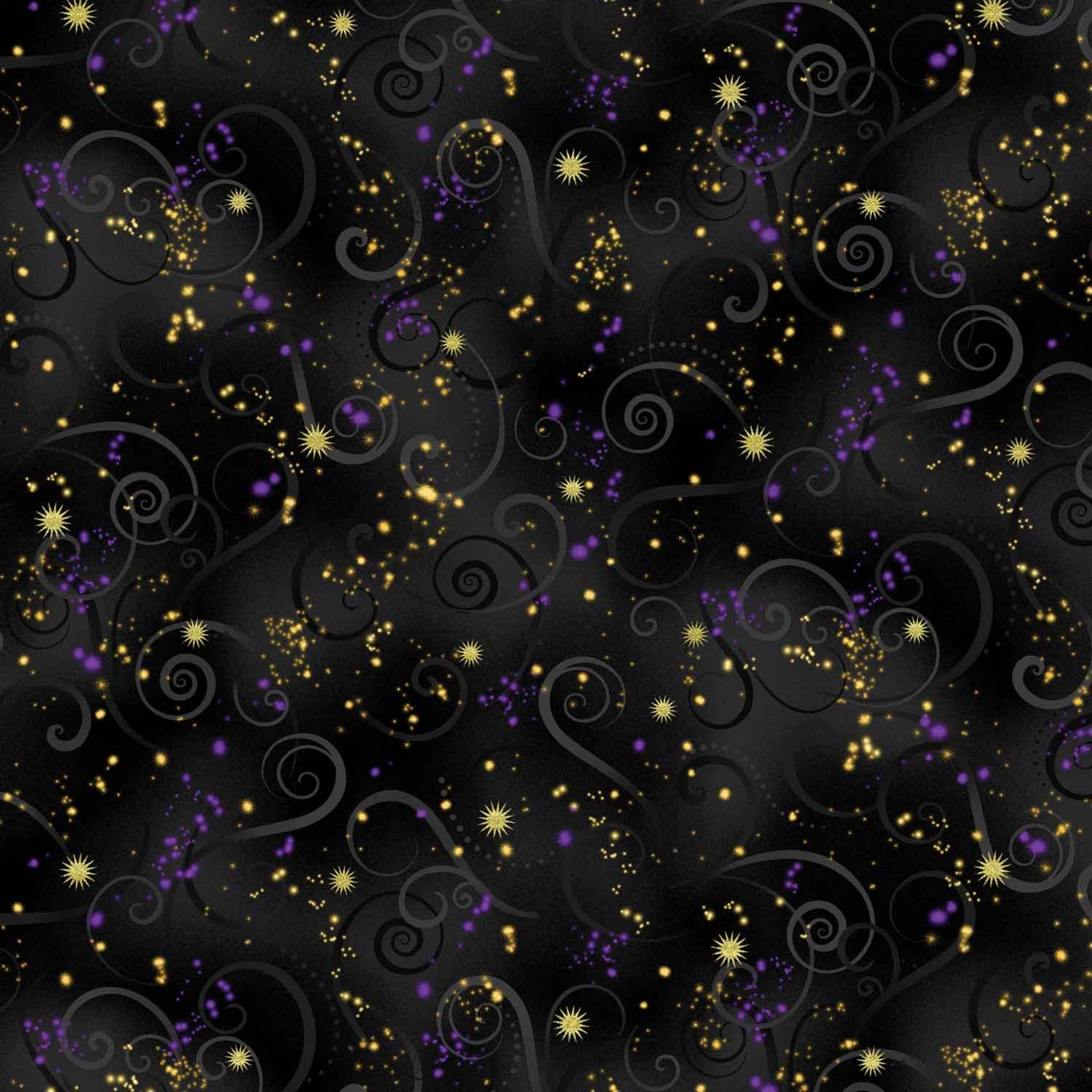 Black quilting fabric with purple swirls and gold metallic stars