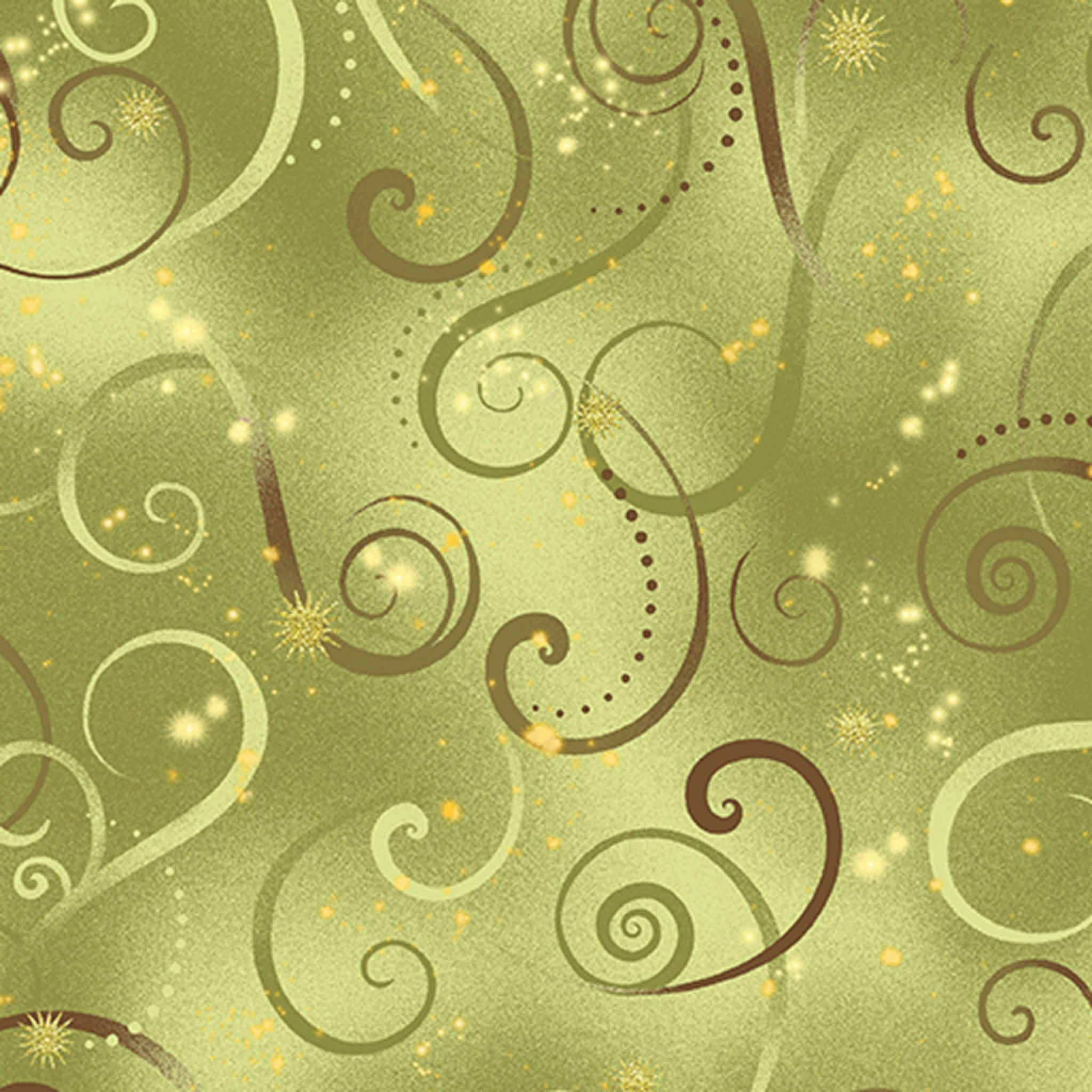 Celedon green quilting fabric with olive swirls and gold metallic stars