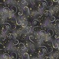 Charcoal gray quilting fabric with purple swirls and gold metallic stars