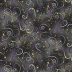 Charcoal gray quilting fabric with purple swirls and gold metallic stars