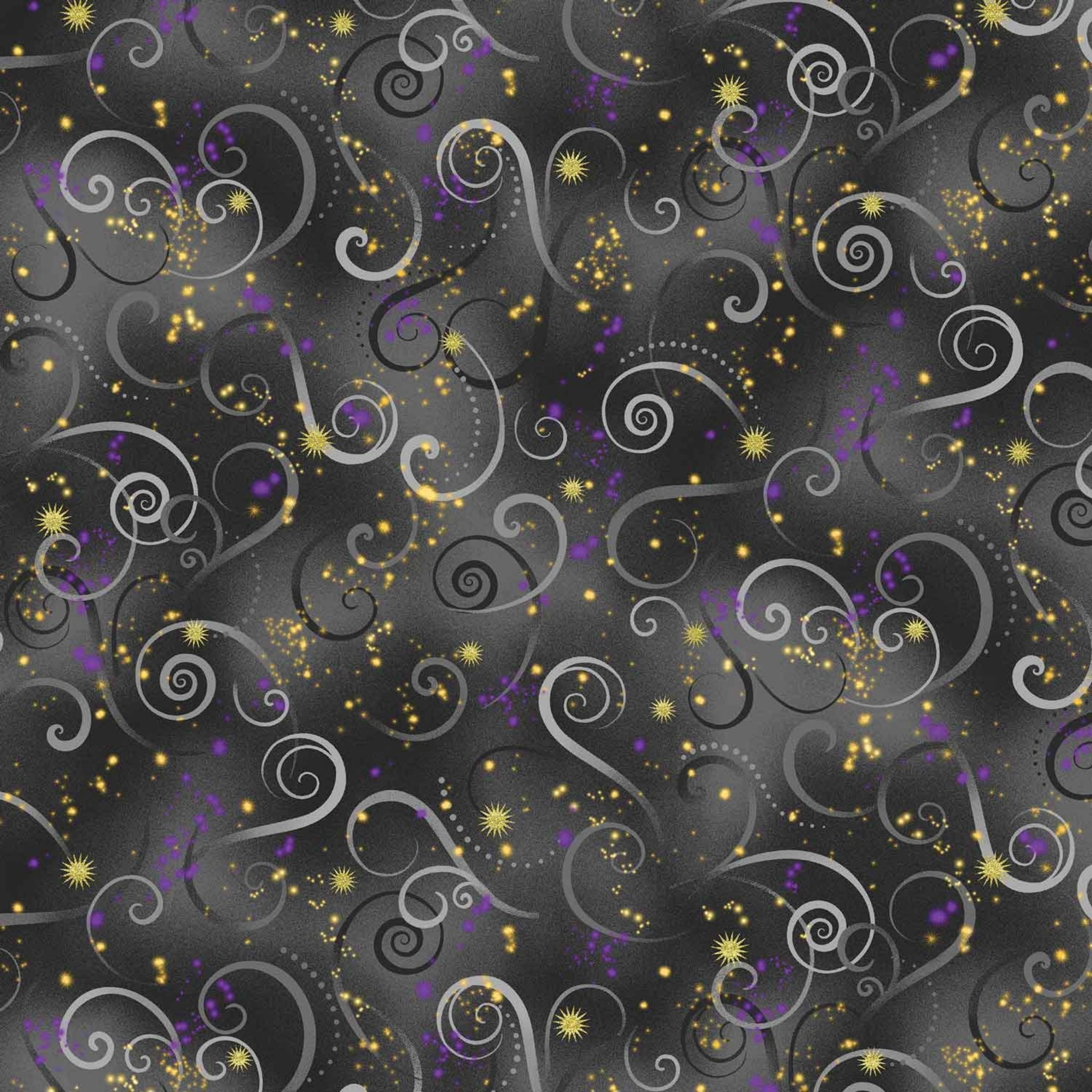 Charcoal gray quilting fabric with purple swirls and gold metallic stars