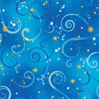 Cobalt blue quilting fabric with tonal blue swirls and gold metallic stars