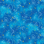 Cobalt blue quilting fabric with tonal blue swirls and gold metallic stars