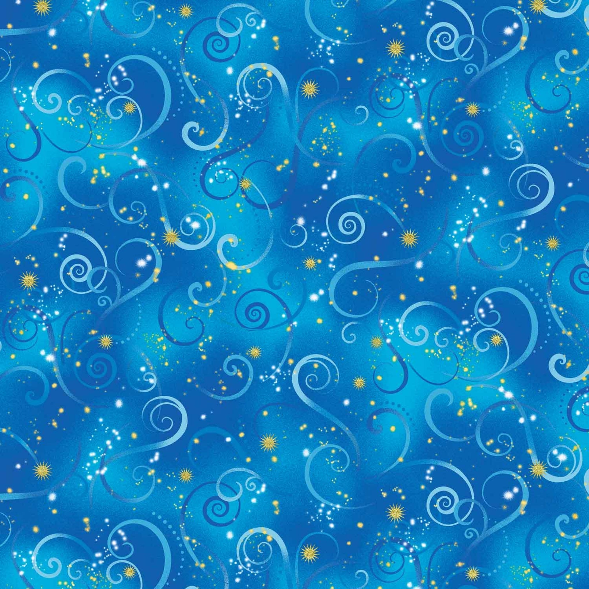 Cobalt blue quilting fabric with tonal blue swirls and gold metallic stars