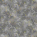 Dove gray quilting fabric with grey and silver swirls and gold metallic stars