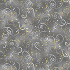 Dove gray quilting fabric with grey and silver swirls and gold metallic stars