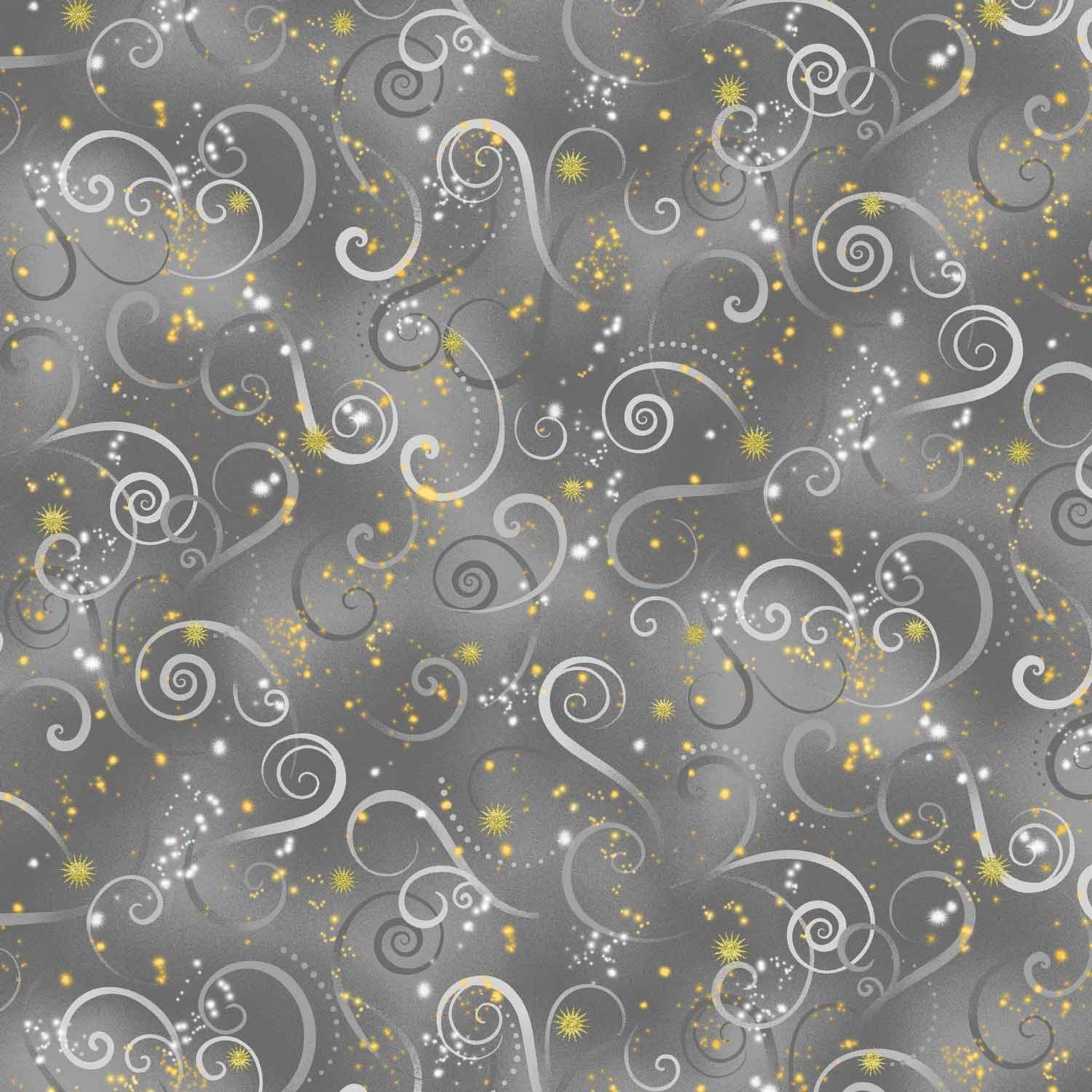 Dove gray quilting fabric with grey and silver swirls and gold metallic stars
