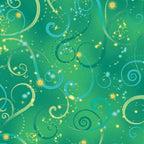 Emerald green quilting fabric with lime green and light blue swirls and gold metallic stars