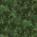 Evergreen quilting fabric with tonal green swirls and gold metallic stars