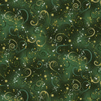 Evergreen quilting fabric with tonal green swirls and gold metallic stars