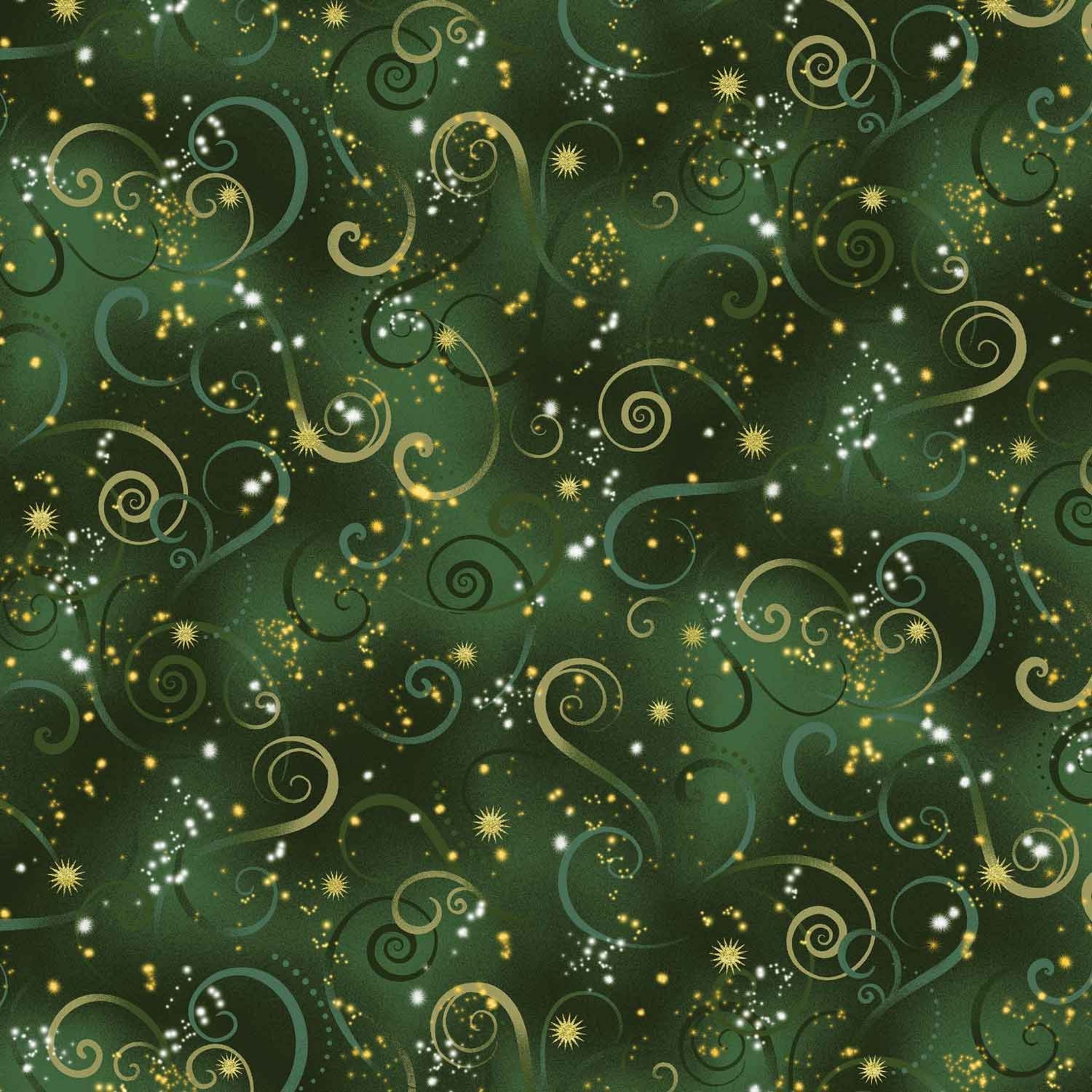 Evergreen quilting fabric with tonal green swirls and gold metallic stars