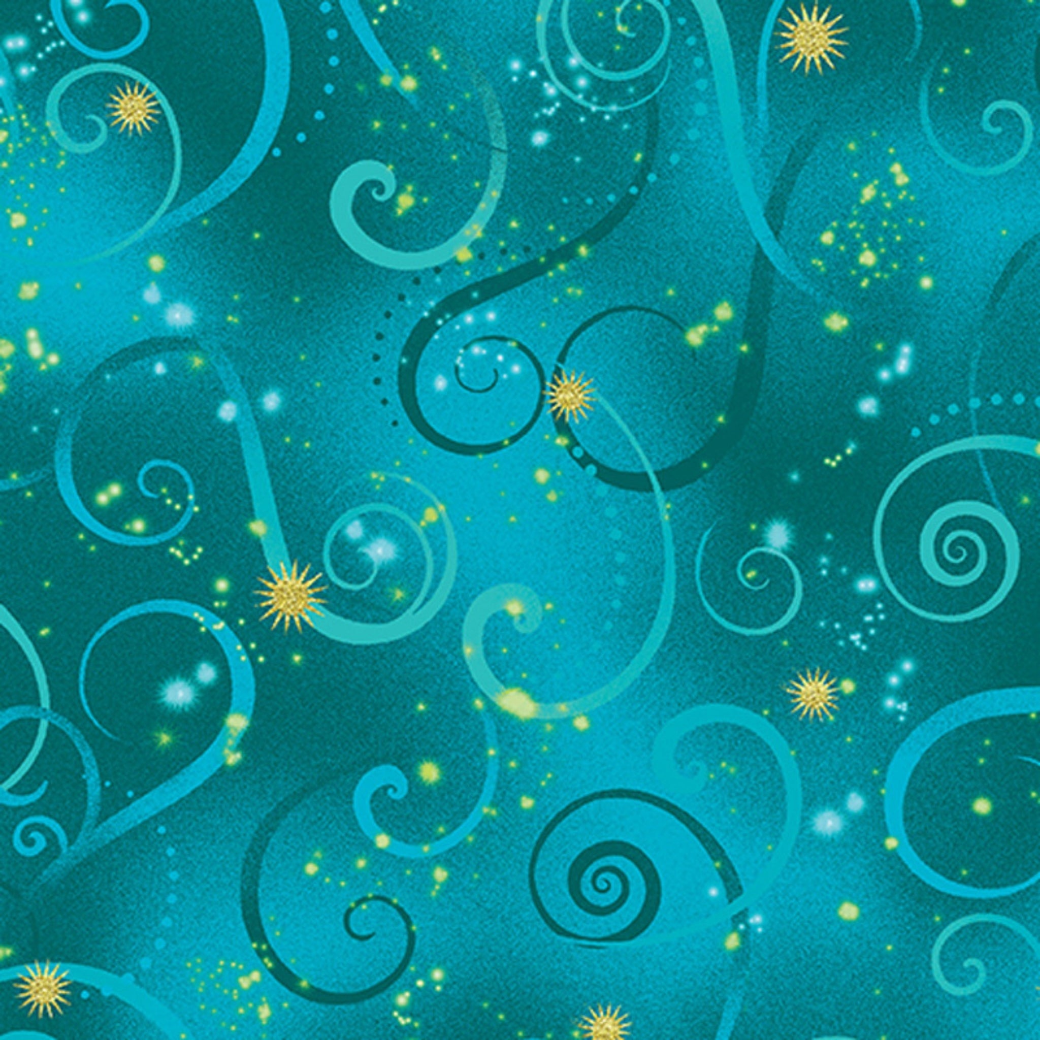 Jade green quilting fabric with teal and turquoise swirls and gold metallic stars