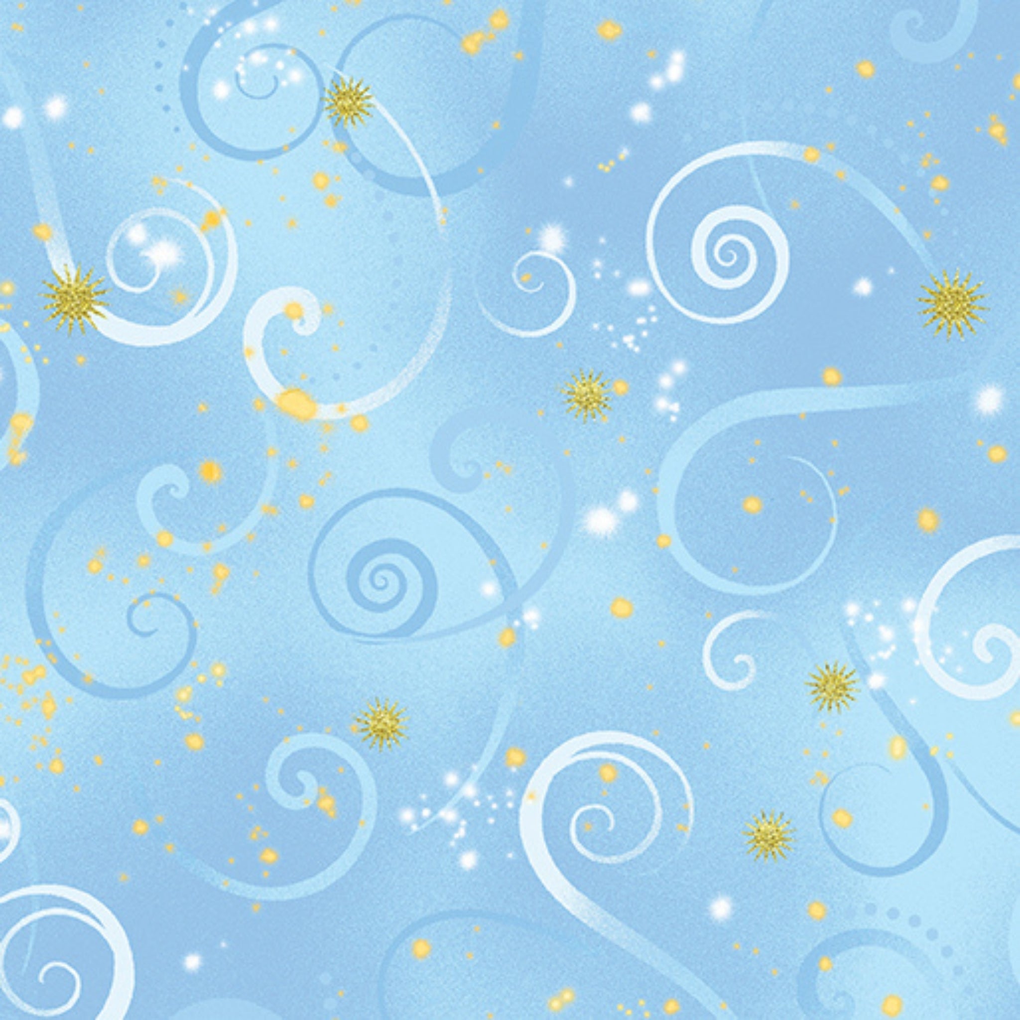 Light blue quilting fabric with pale blue swirls and gold metallic stars