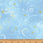 Light blue quilting fabric with pale blue swirls and gold metallic stars