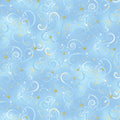 Light blue quilting fabric with pale blue swirls and gold metallic stars