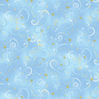 Light blue quilting fabric with pale blue swirls and gold metallic stars