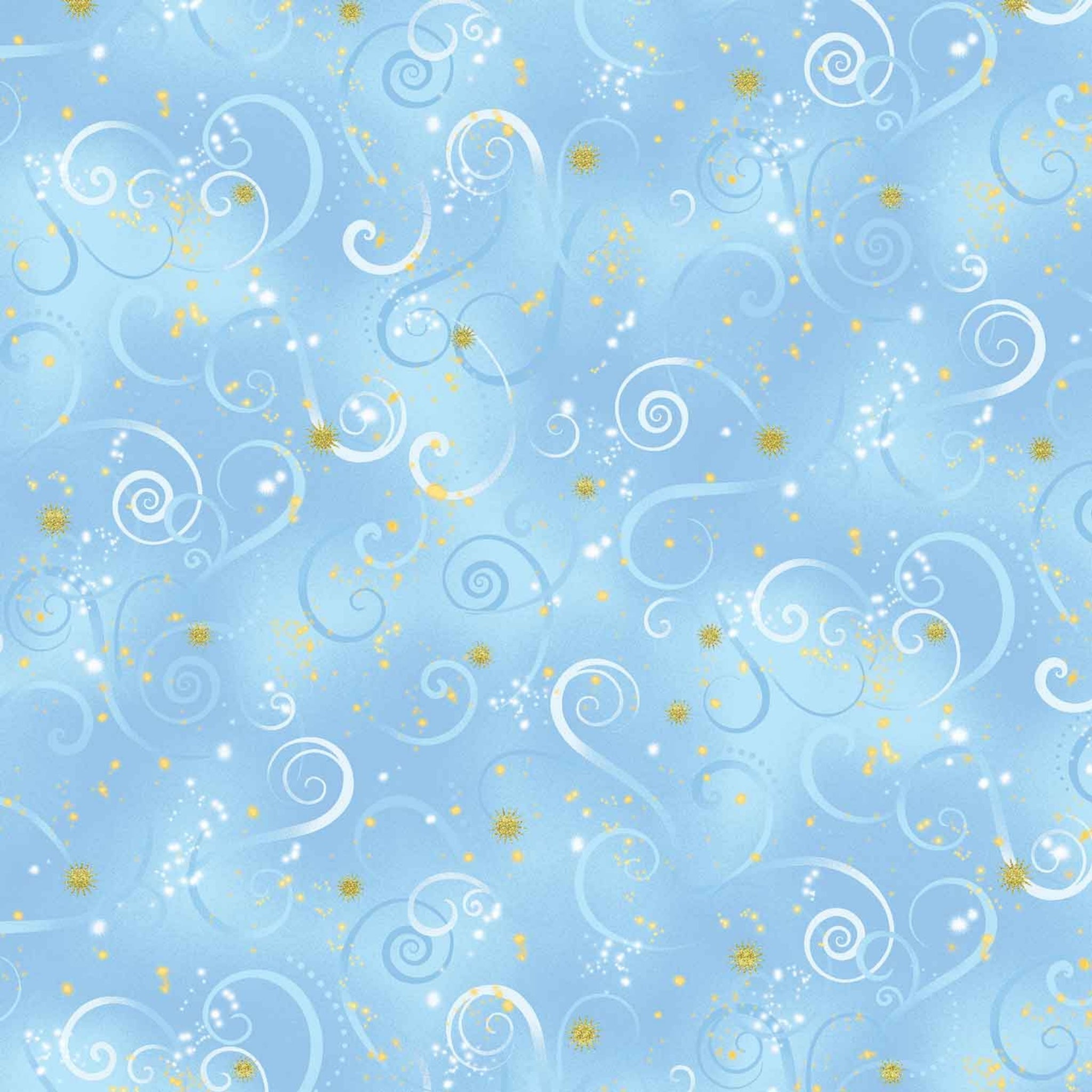 Light blue quilting fabric with pale blue swirls and gold metallic stars