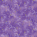 Medium purple quilting fabric with tonal purple swirls and gold metallic stars