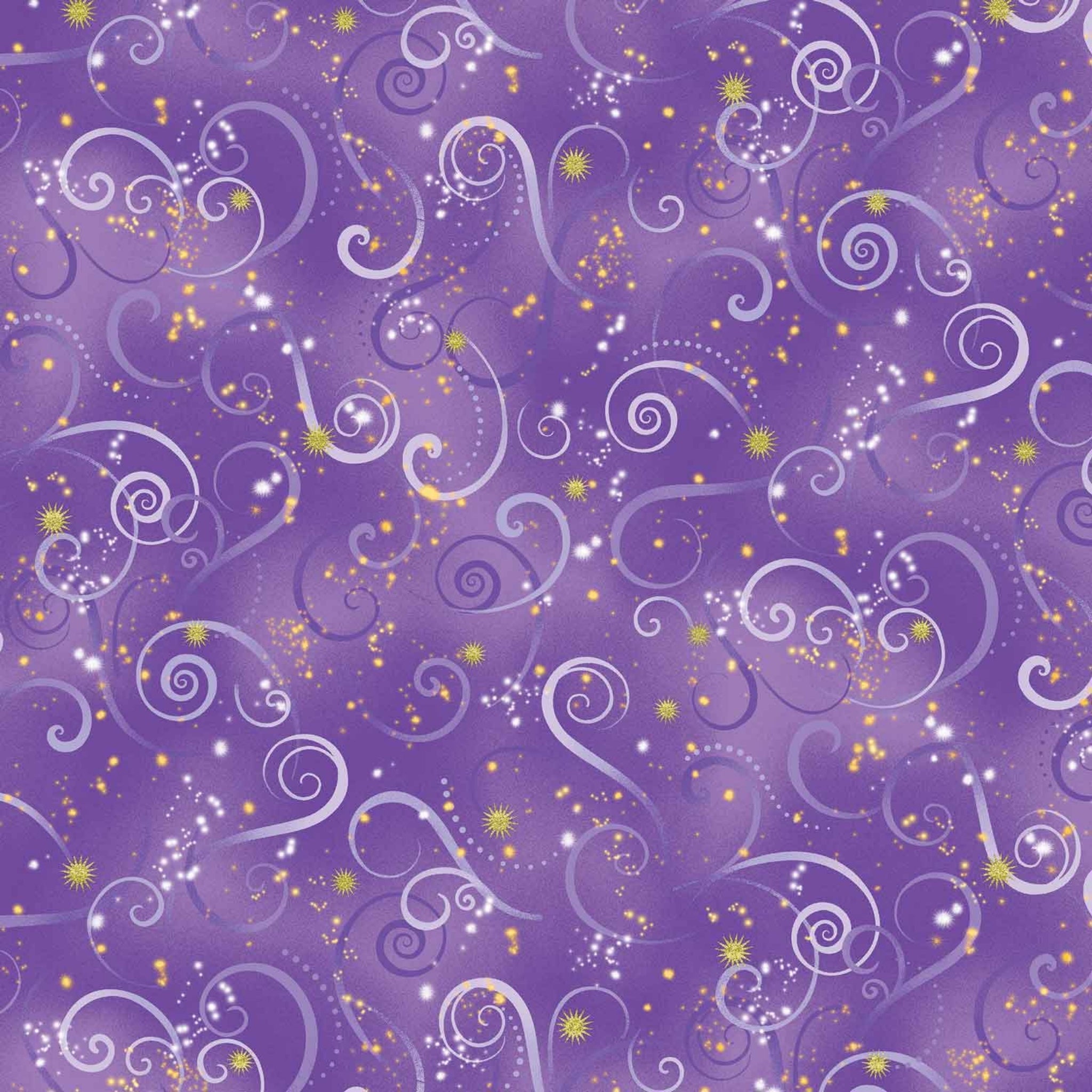Medium purple quilting fabric with tonal purple swirls and gold metallic stars