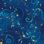 Midnight blue quilting fabric with turquoise and tonal blue swirls and gold metallic stars