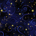 Navy blue quilting fabric with deep blue swirls and gold metallic stars