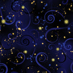 Navy blue quilting fabric with deep blue swirls and gold metallic stars