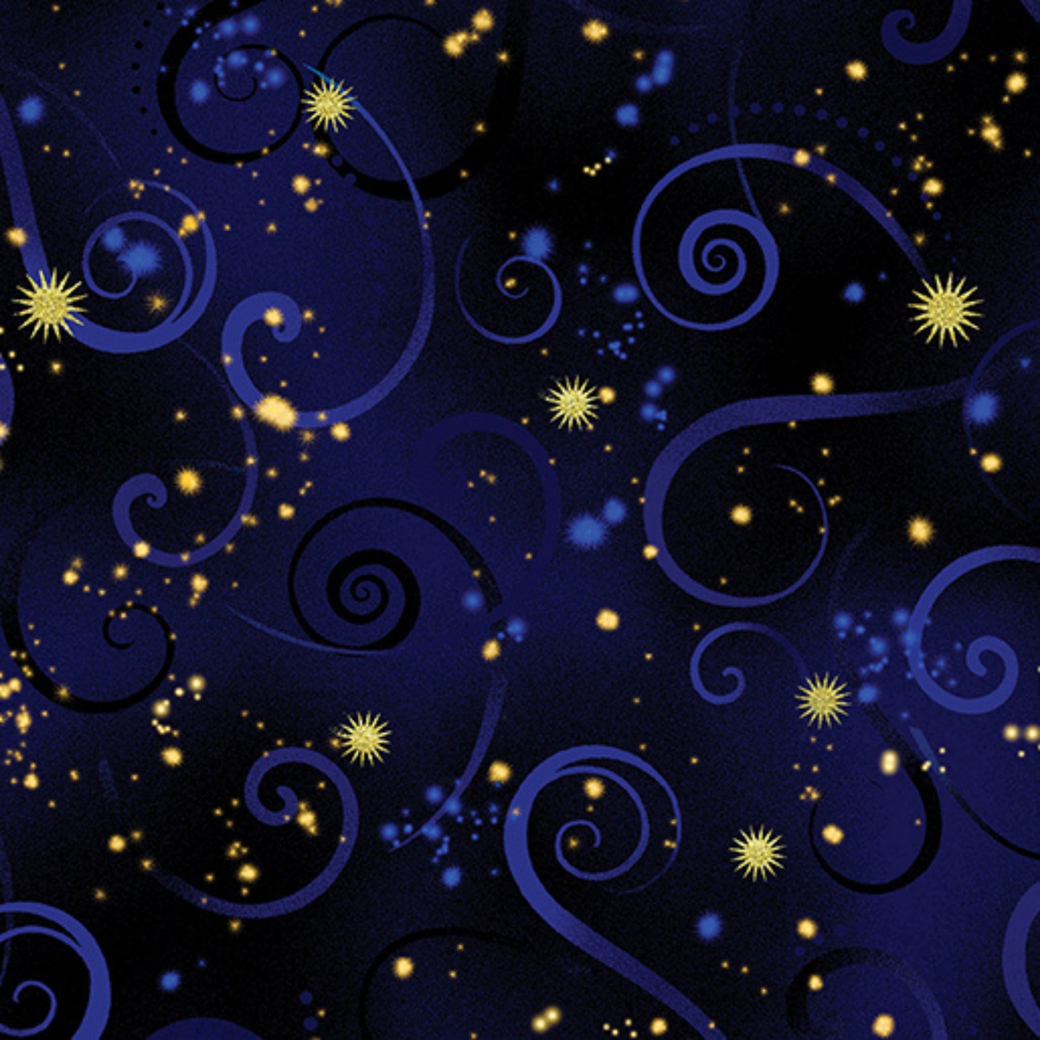 Navy blue quilting fabric with deep blue swirls and gold metallic stars