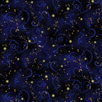 Navy blue quilting fabric with deep blue swirls and gold metallic stars