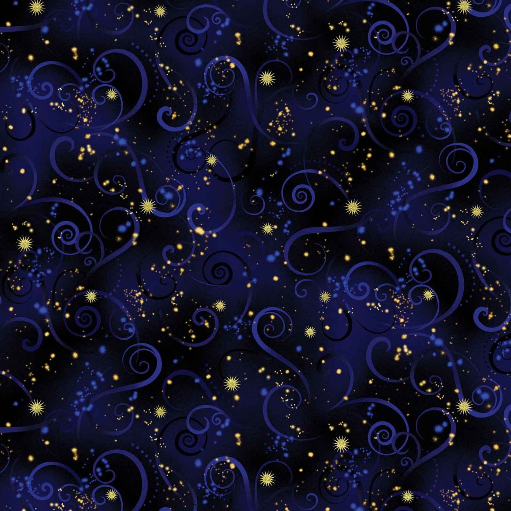 Navy blue quilting fabric with deep blue swirls and gold metallic stars
