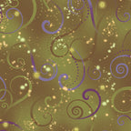 Olive green quilting fabric with purple and olive swirls and gold metallic stars