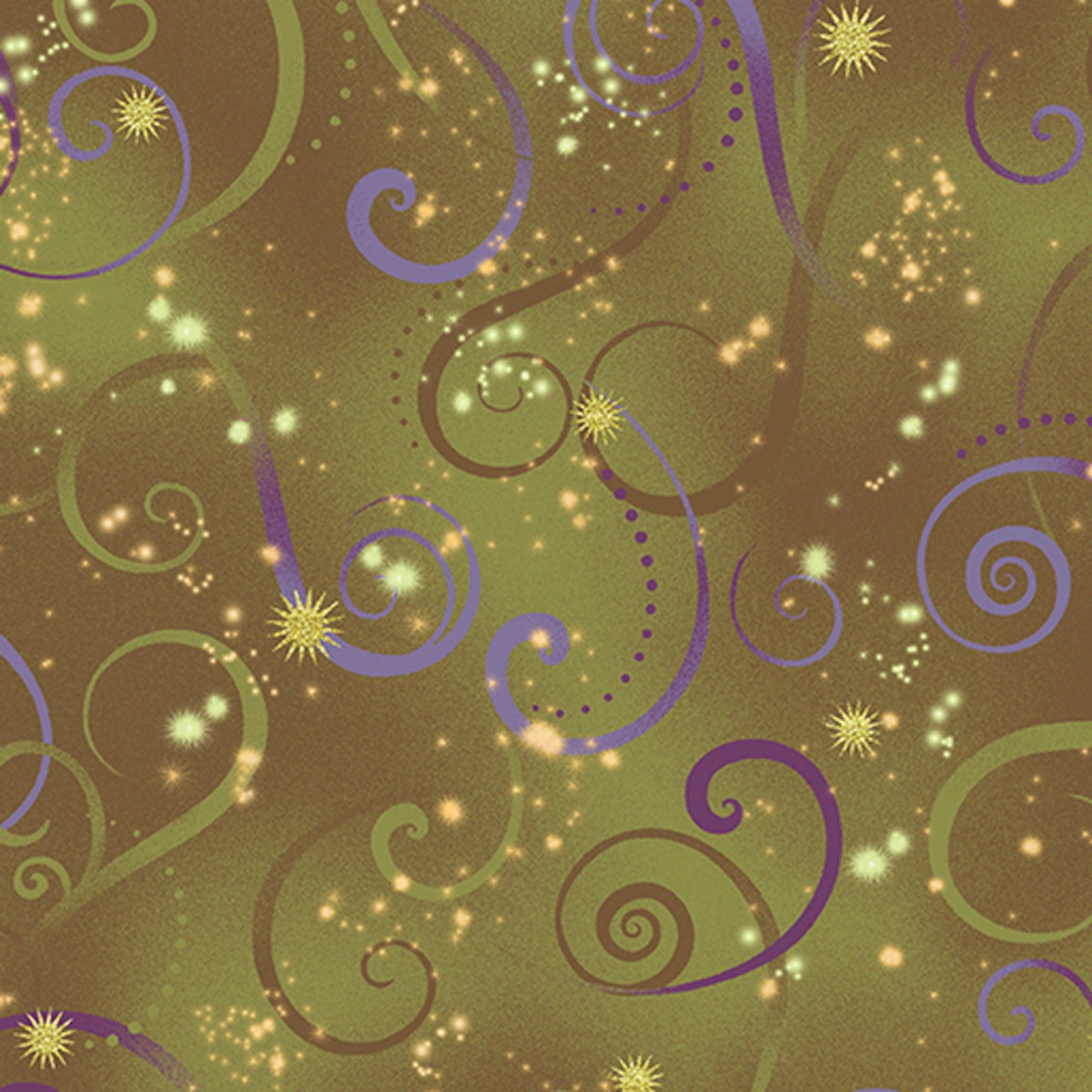 Olive green quilting fabric with purple and olive swirls and gold metallic stars