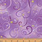 Violet quilting fabric with purple and magenta swirls and gold metallic stars
