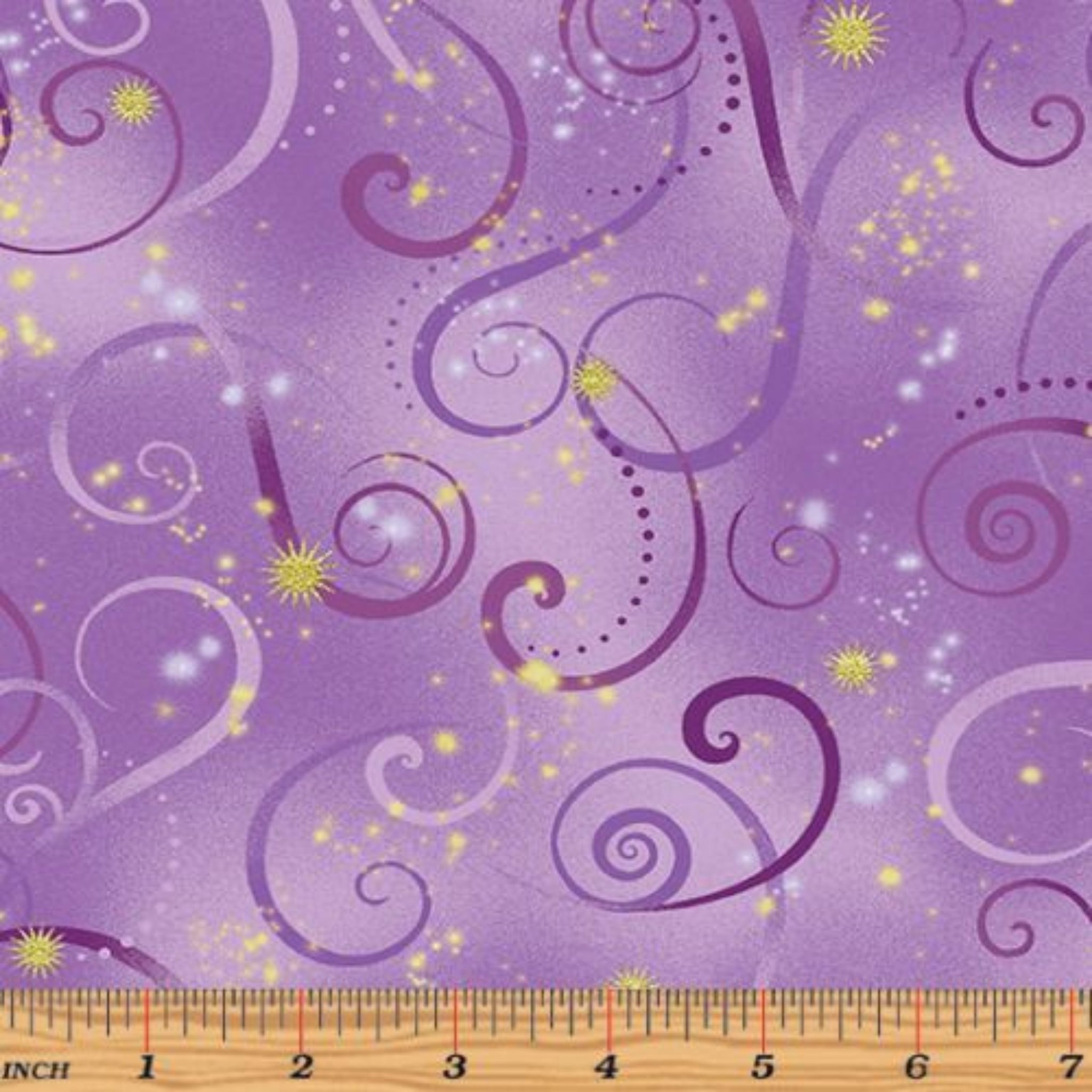 Violet quilting fabric with purple and magenta swirls and gold metallic stars