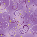 Violet quilting fabric with purple and magenta swirls and gold metallic stars