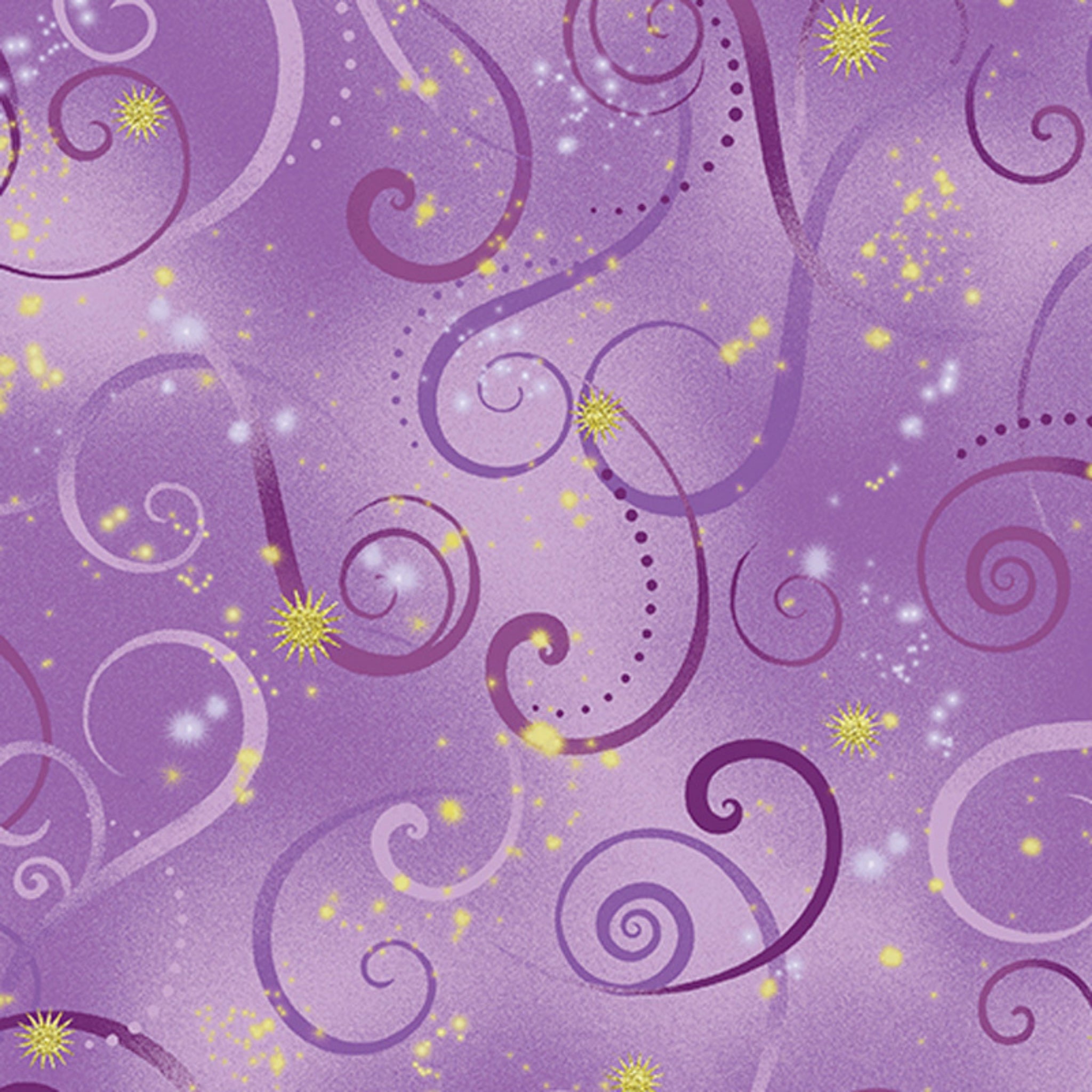 Violet quilting fabric with purple and magenta swirls and gold metallic stars