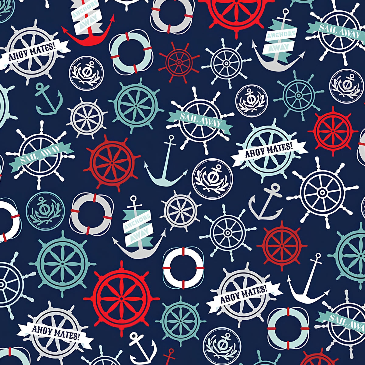 Nautical tossed print anchors ship wheels life rings compass navy red white teal fabric for boys quilts kids coastal beach patchwork projects
